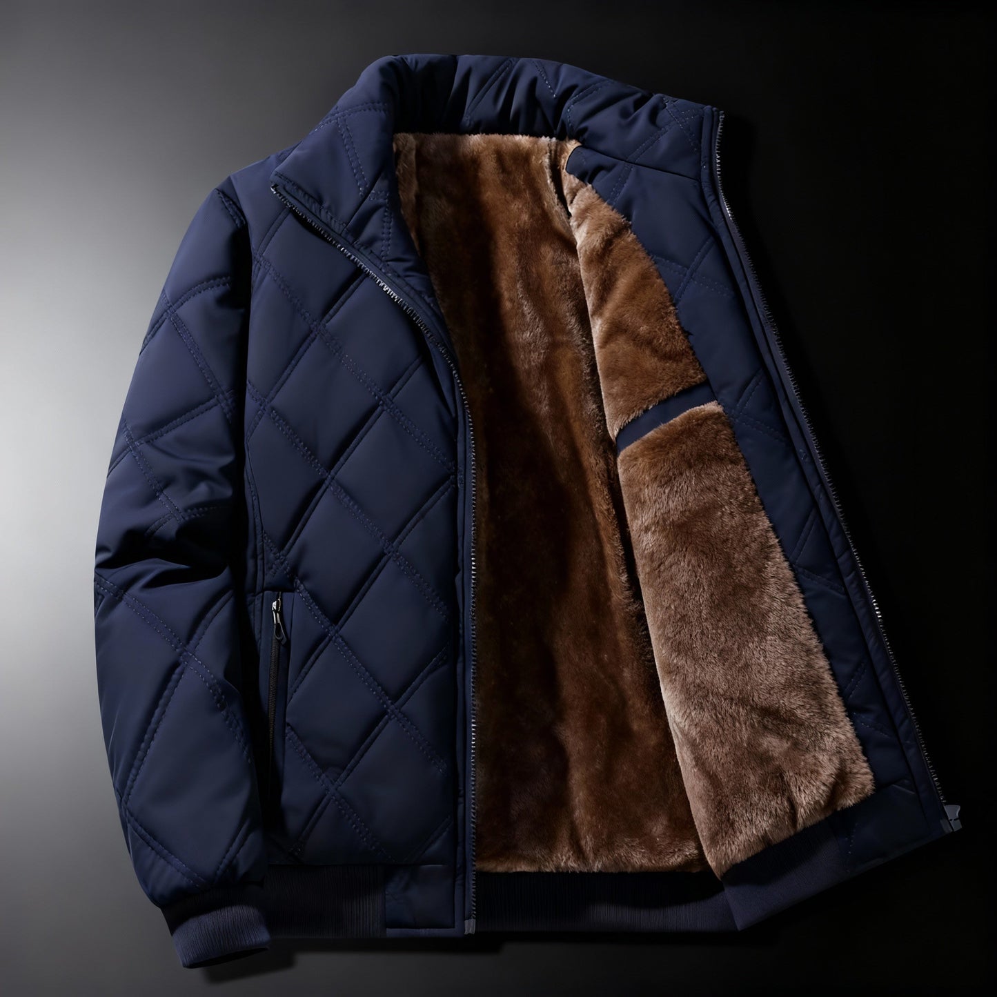 Men's olive quilted bomber jacket fleece full-zip stand collar hip-length casual fit