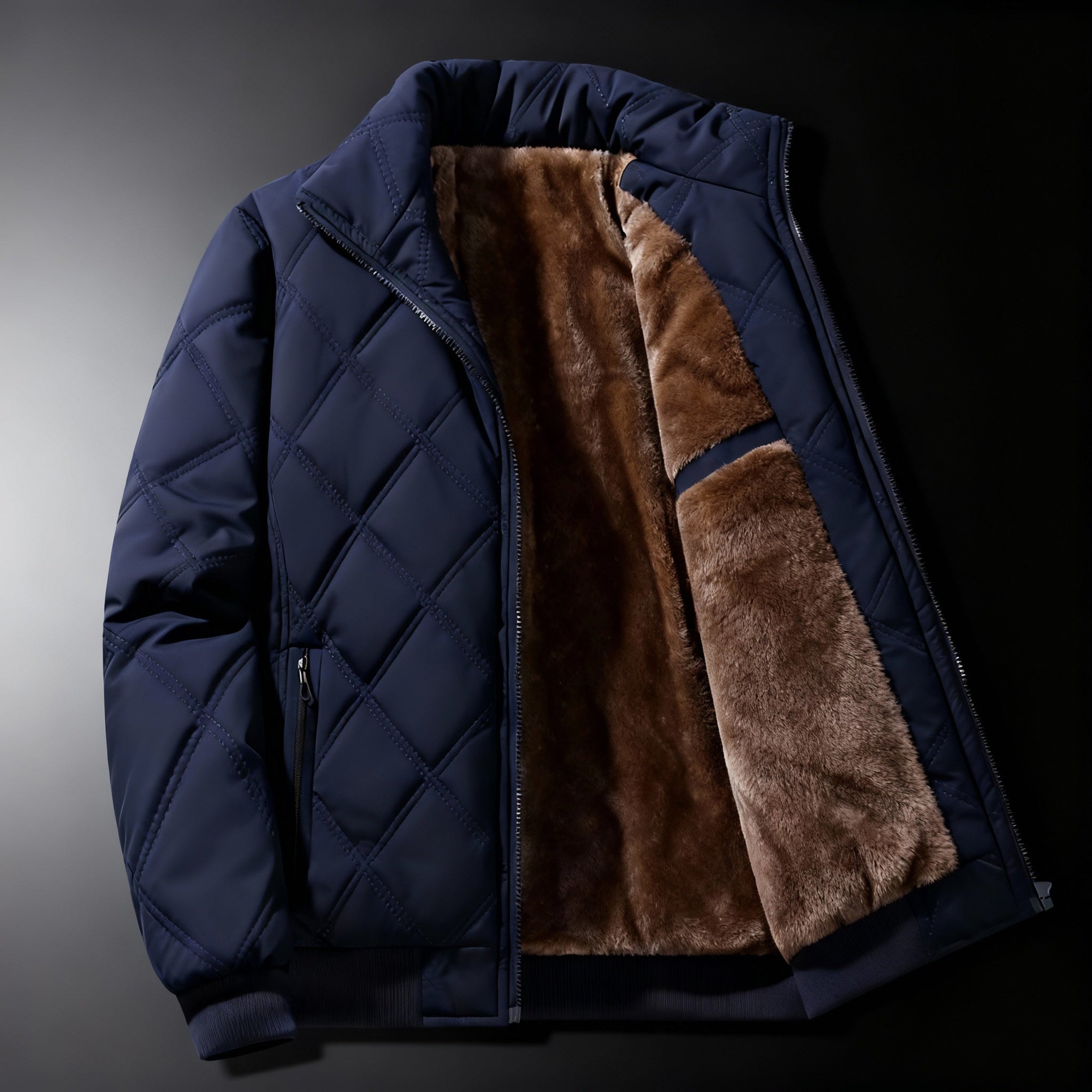 Men's olive quilted bomber jacket fleece full-zip stand collar hip-length casual fit
