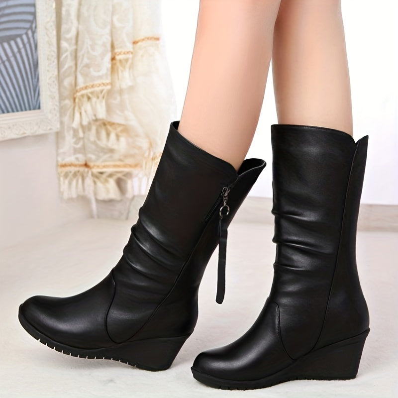 Women's mid-calf winter wedge boots in classic tones with knee-high silhouette and comfort wedge heel