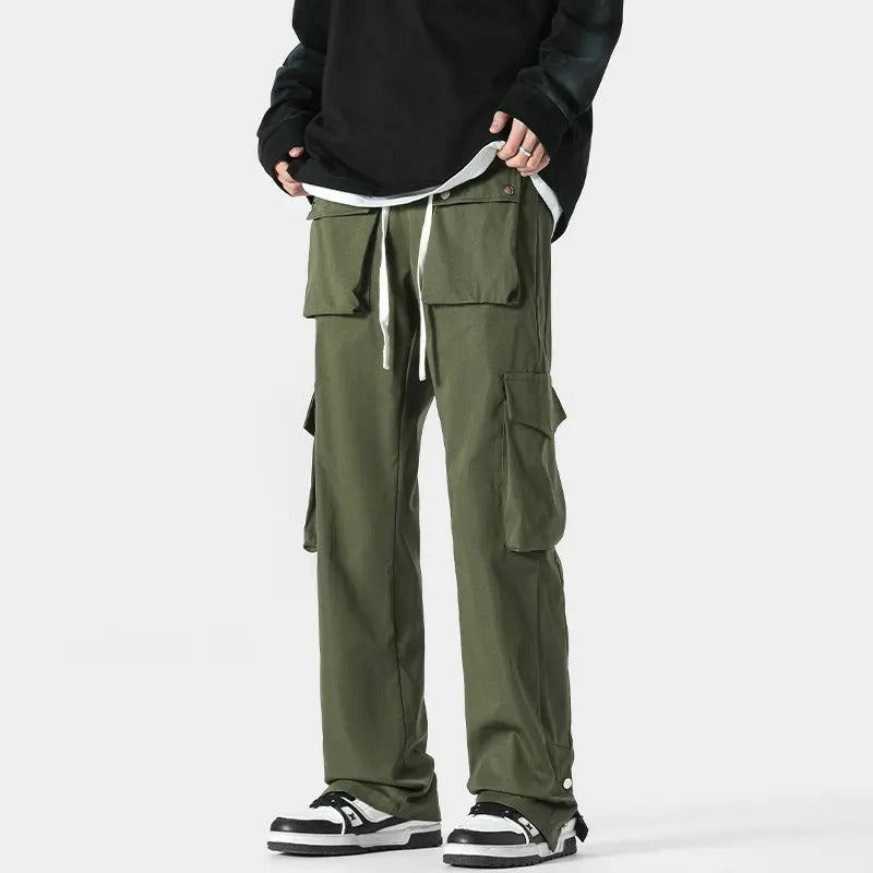 Men's relaxed fit cargo pants with adjustable drawstring waist and multi-pocket utility design