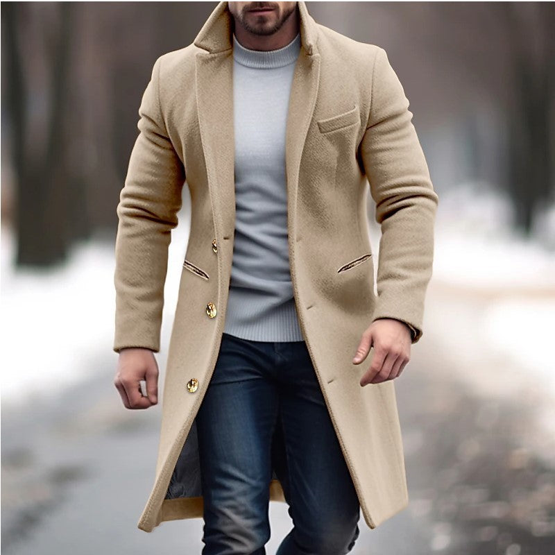 Men's elegant classic-cut coat in rich tone with gold button detail for timeless refined style