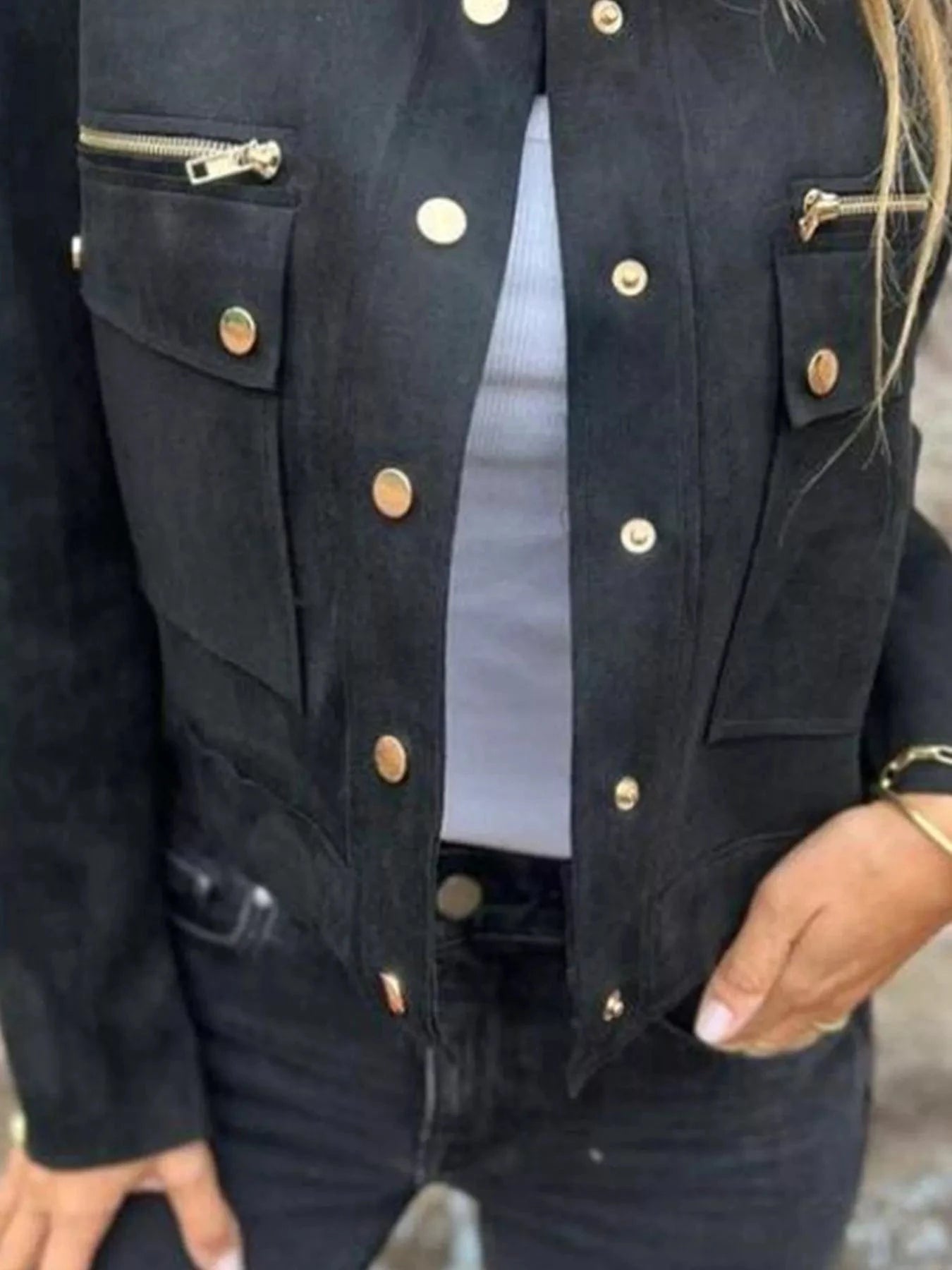 Women's structured button jacket tailored silhouette with elegant hardware for work and outings