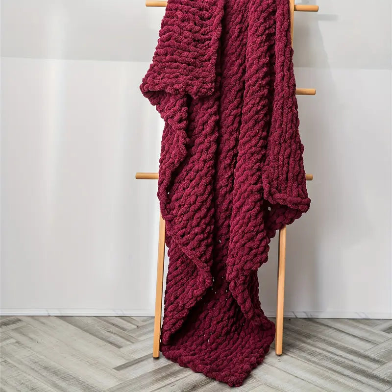 Chunky knit chenille throw blanket in neutral tones, handwoven oversized braid for cozy home lounging