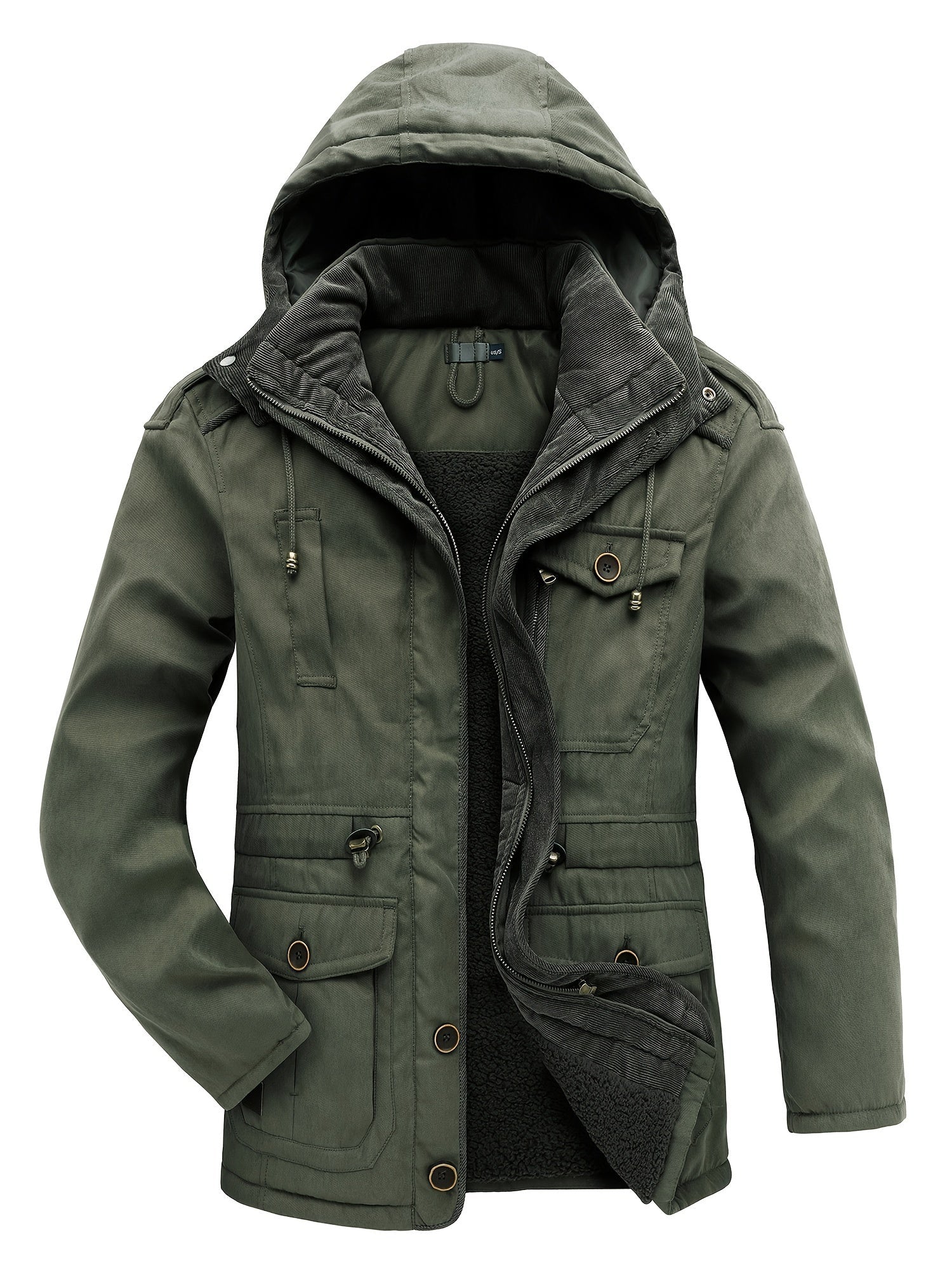 Men's thick insulated hooded utility jacket in neutral tones, rugged winter style with padded warmth