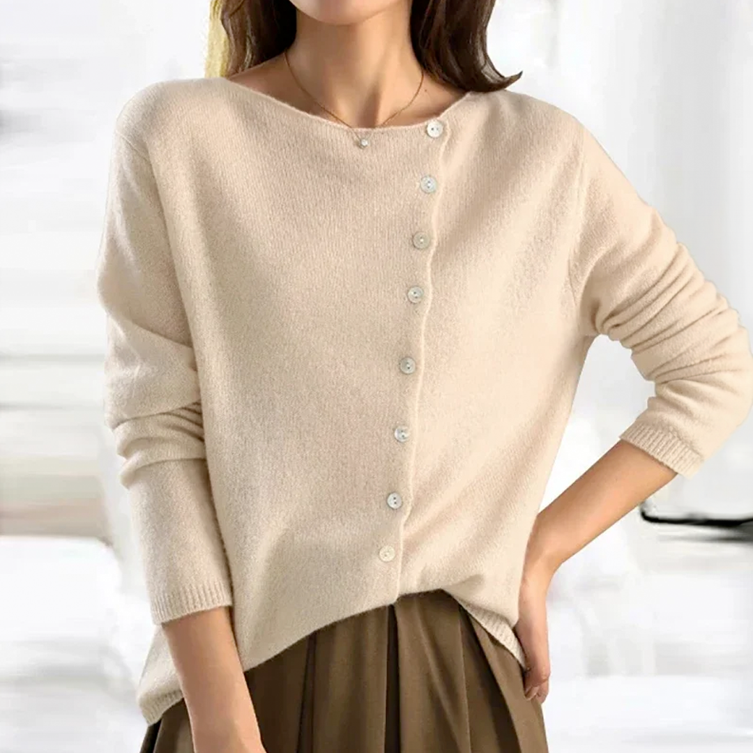 Women's cozy V-neck button sweater elegant flattering silhouette versatile layering wardrobe essential
