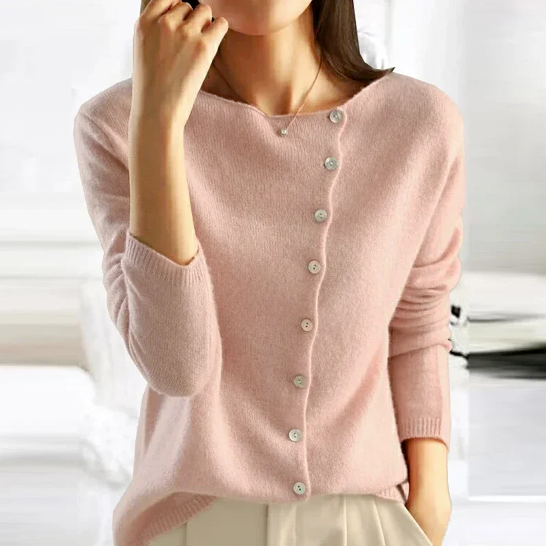 Women's cozy V-neck button sweater elegant flattering fit versatile layering wardrobe essential