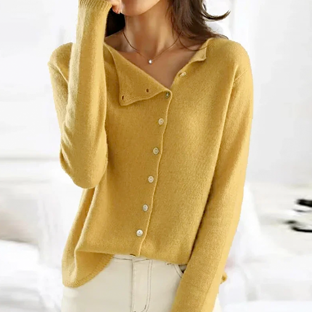 Women's cozy V-neck button sweater elegant flattering fit versatile layering wardrobe essential
