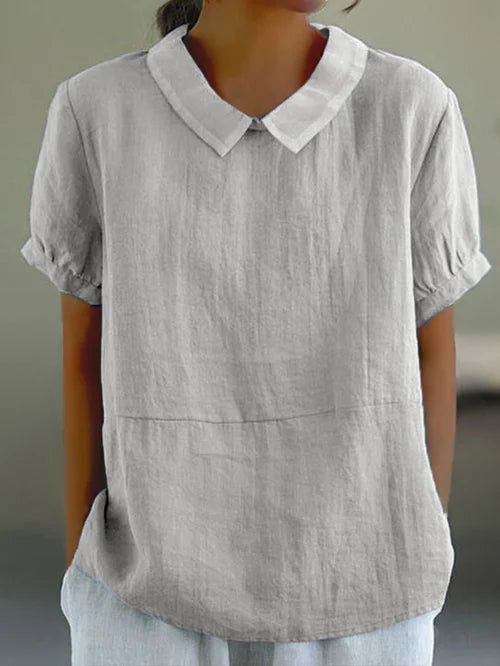 Women's relaxed linen short sleeve blouse, breathable lightweight fabric for effortless all-day comfort