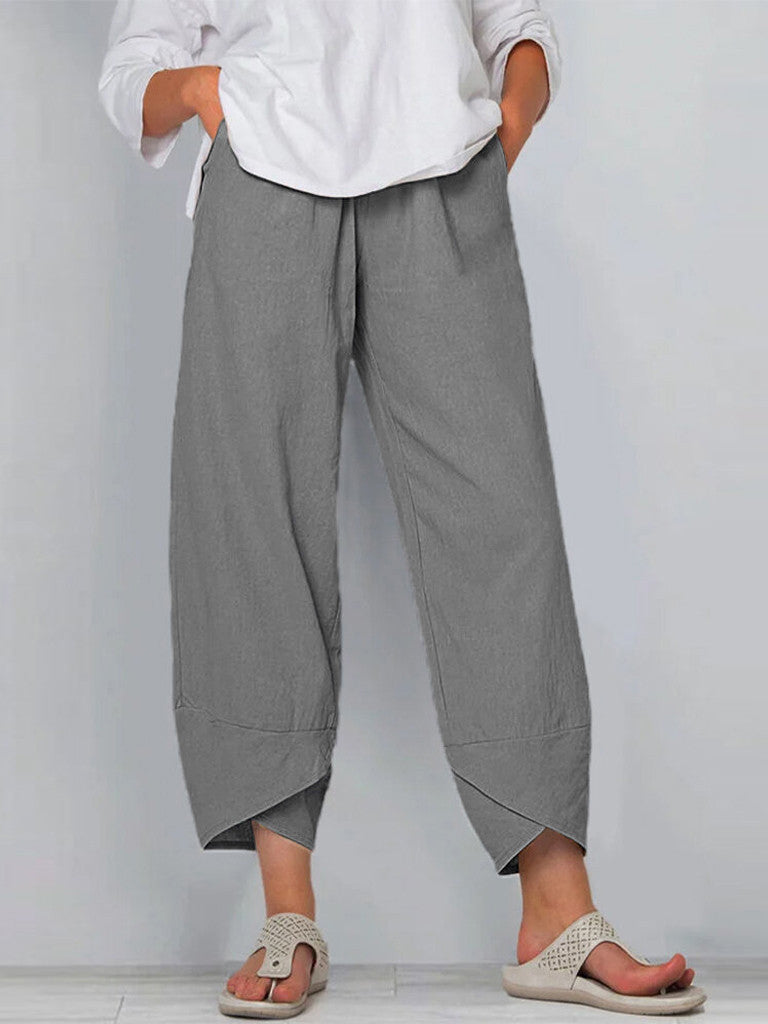 Women's natural cotton-linen ankle pants relaxed fit elastic waist with angled pockets eco-friendly