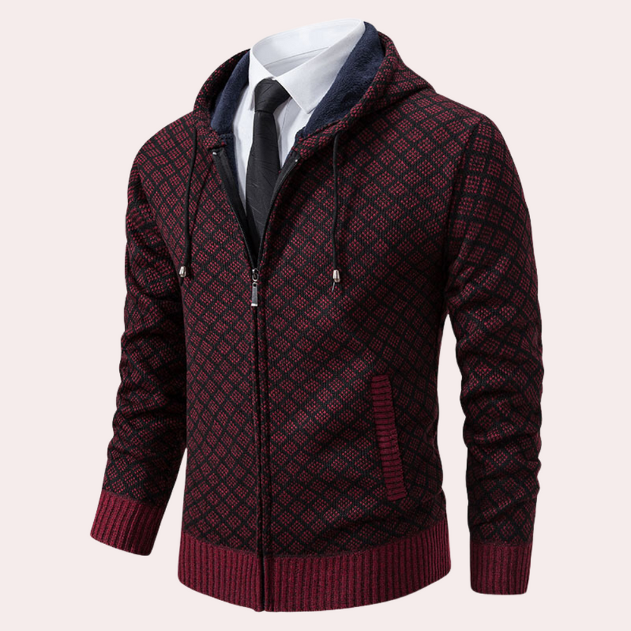 Men's hooded knit cardigan relaxed silhouette soft sustainable knit everyday casual style