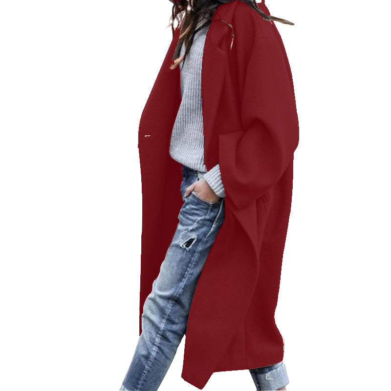 Women's elegant long polyester coat with lapel collar, pockets, single-breasted, timeless winter style