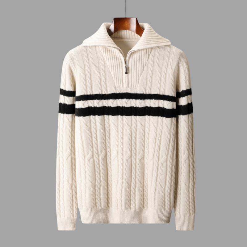 Men's cable knit striped quarter-zip wool blend sweater, cozy slim fit with textured pattern