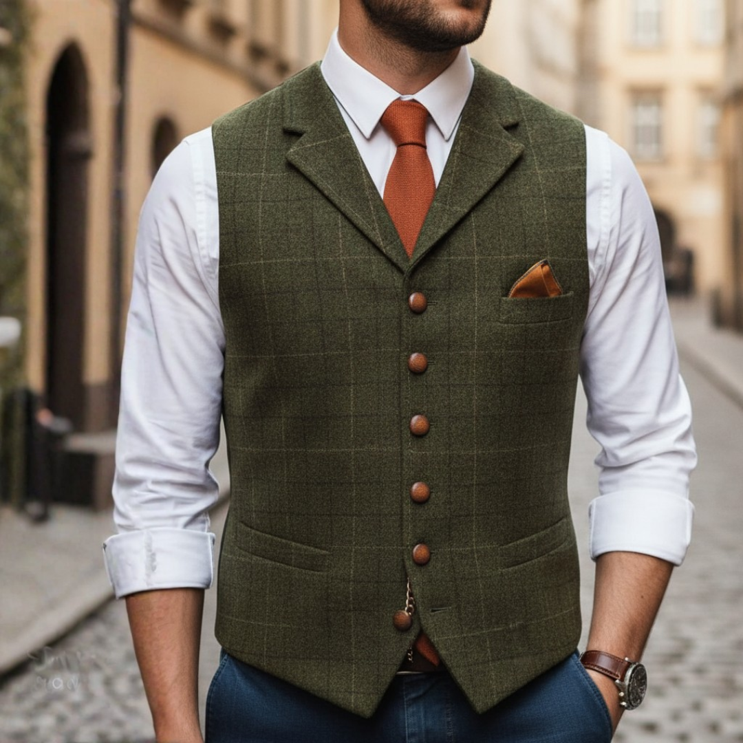 Men's checkered single-breasted formal vest tailored fit with adjustable back buckle