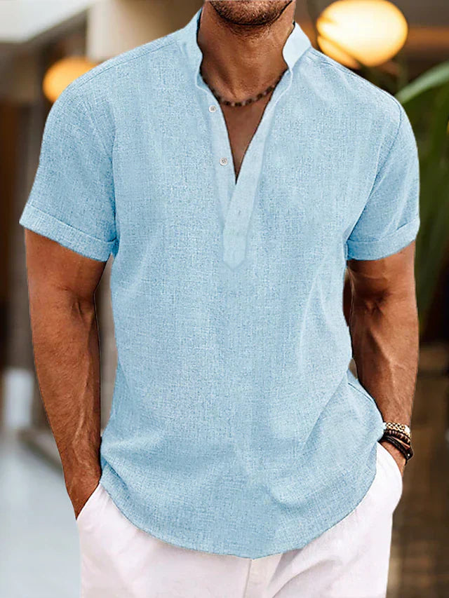 Men's casual beige linen Henley collar shirt with short sleeves, breathable summer lightweight fit
