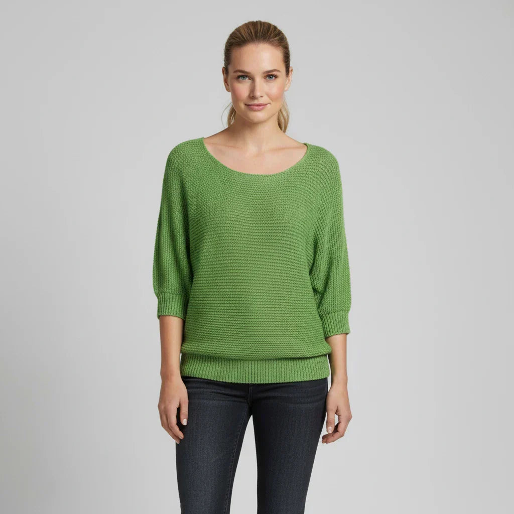 Women's relaxed fit scoop neck knit sweater with drop shoulders and 3/4 sleeves for effortless layering