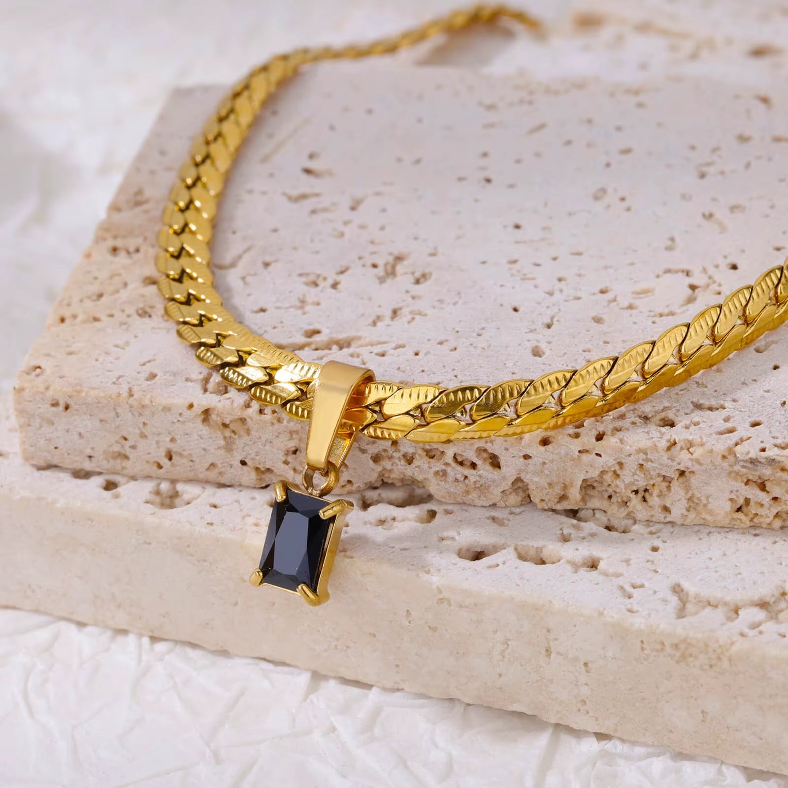 Emerald-cut zircon necklace set women adjustable herringbone chain stainless steel high-shine finish