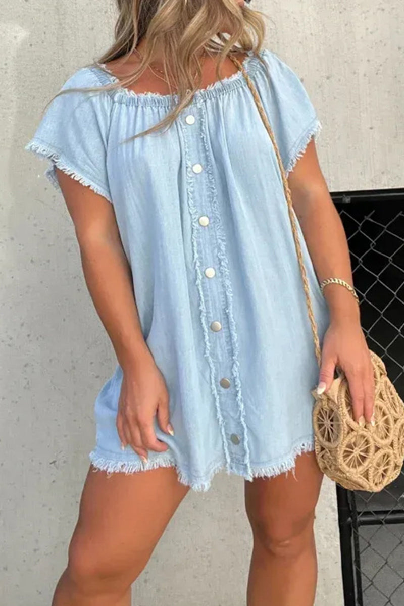 Women's off-shoulder denim mini dress blue casual chic button-front frayed hem summer style