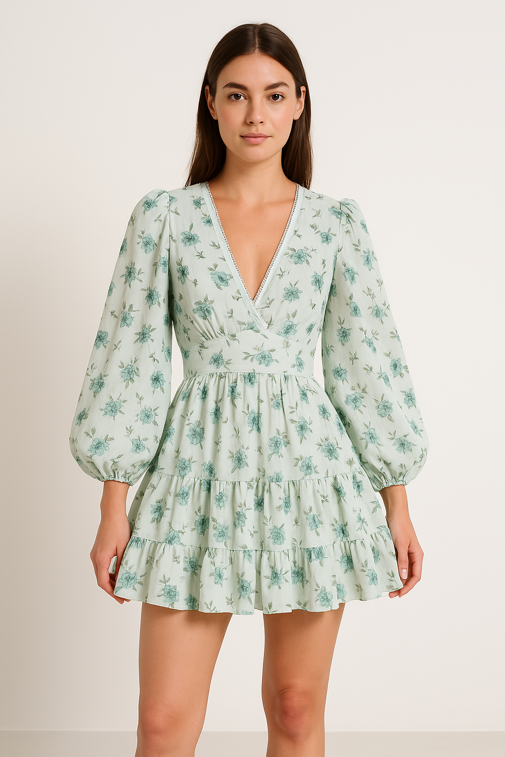 Floral cotton blend A-line mini dress with lace V-neck and romantic puff sleeves