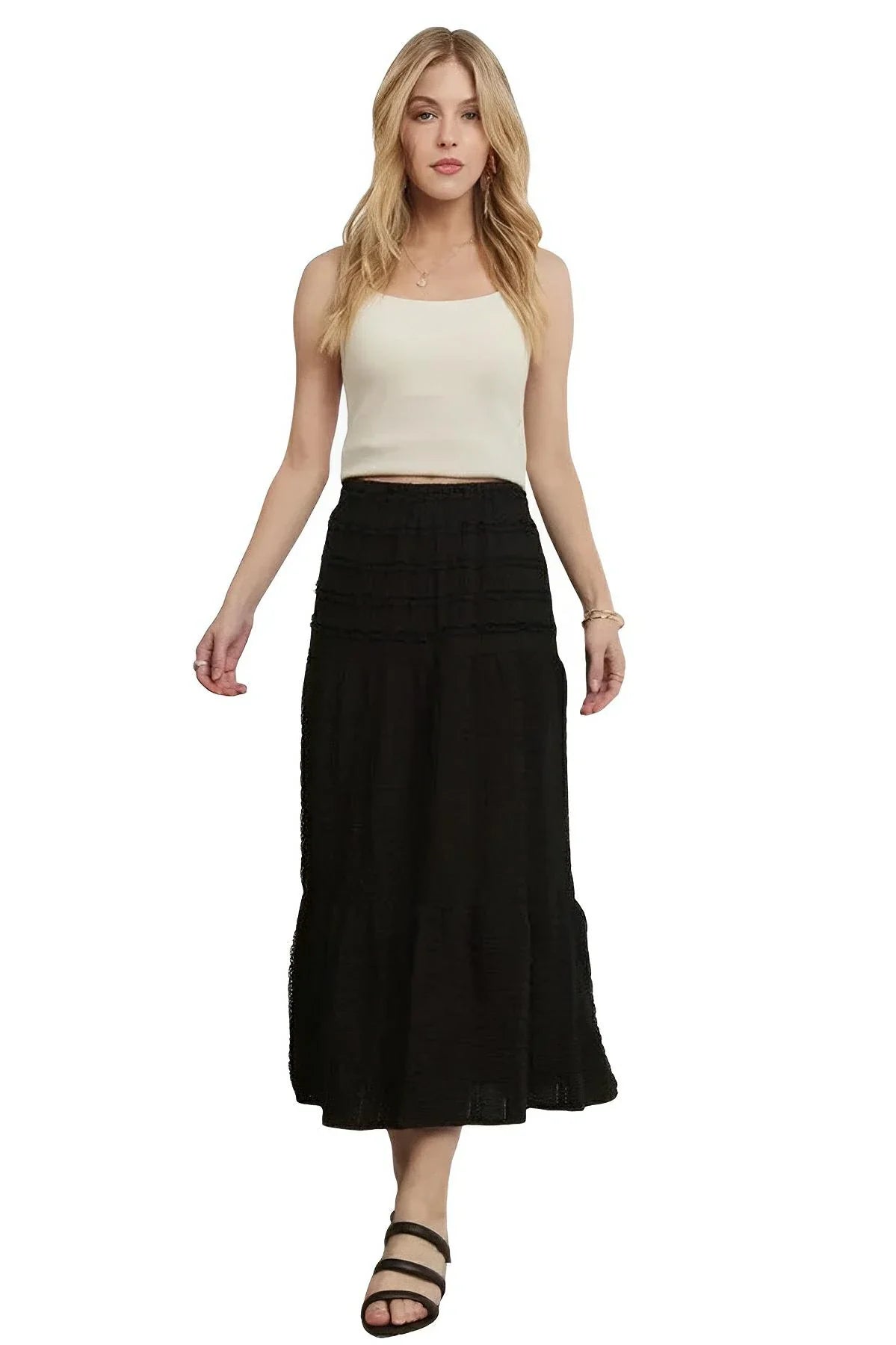 Women's tiered midi skirt elastic waistband casual everyday style comfortable layered silhouette