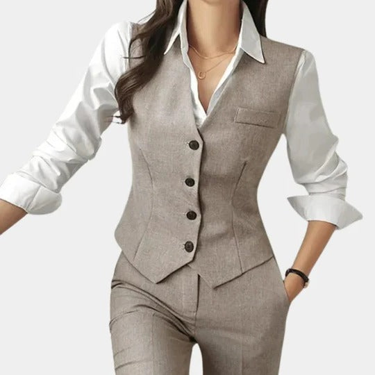 Elegant 3-piece women's suit set with blazer, waistcoat & straight-leg trousers for professional wear