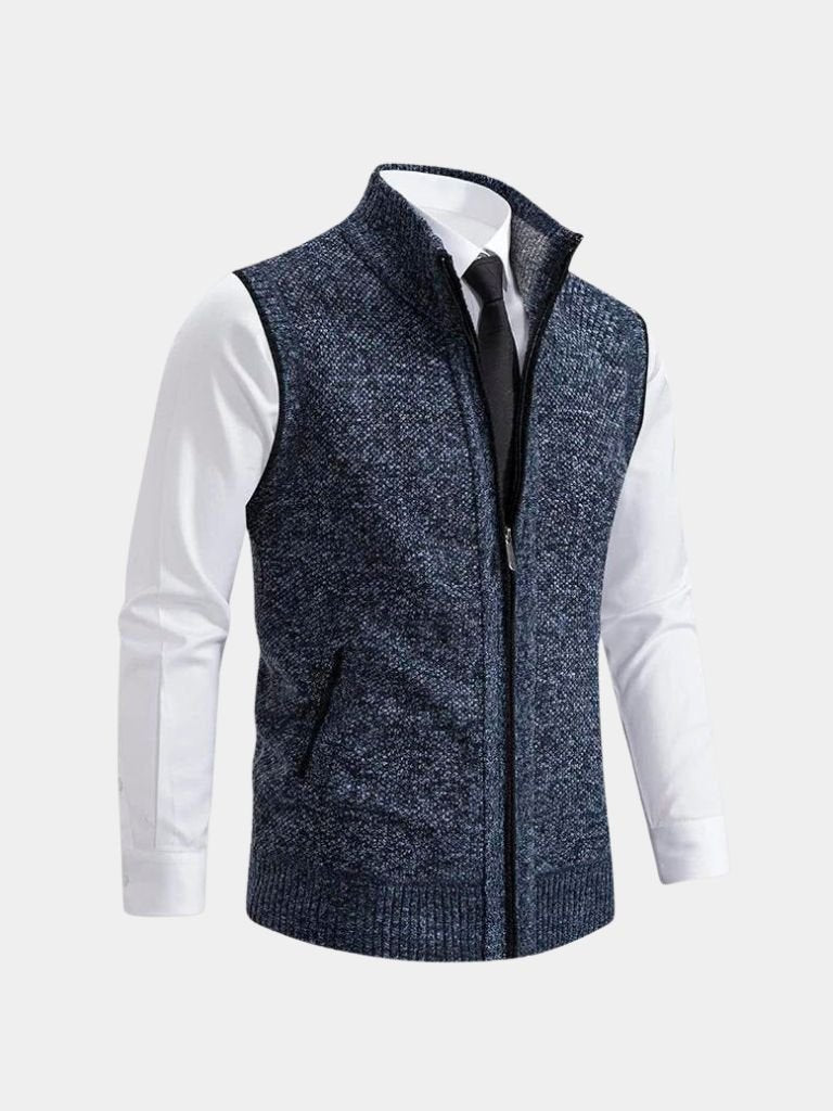 Men's textured knit vest in neutral tone with full front zipper and high collar for refined layering