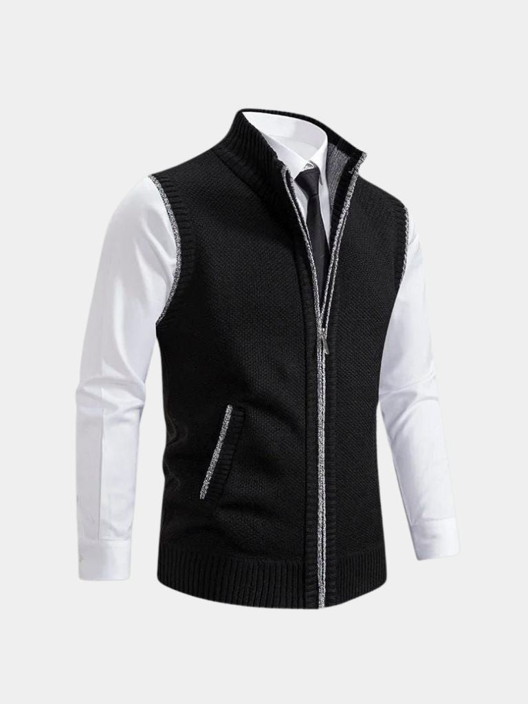 Men's gray textured knit zip-up vest with high collar and full front zipper for refined layering