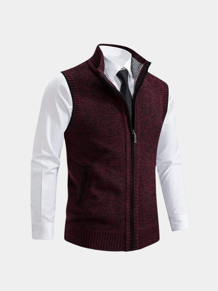 Men's textured knit zip-up vest with high collar and full front zipper for refined layering