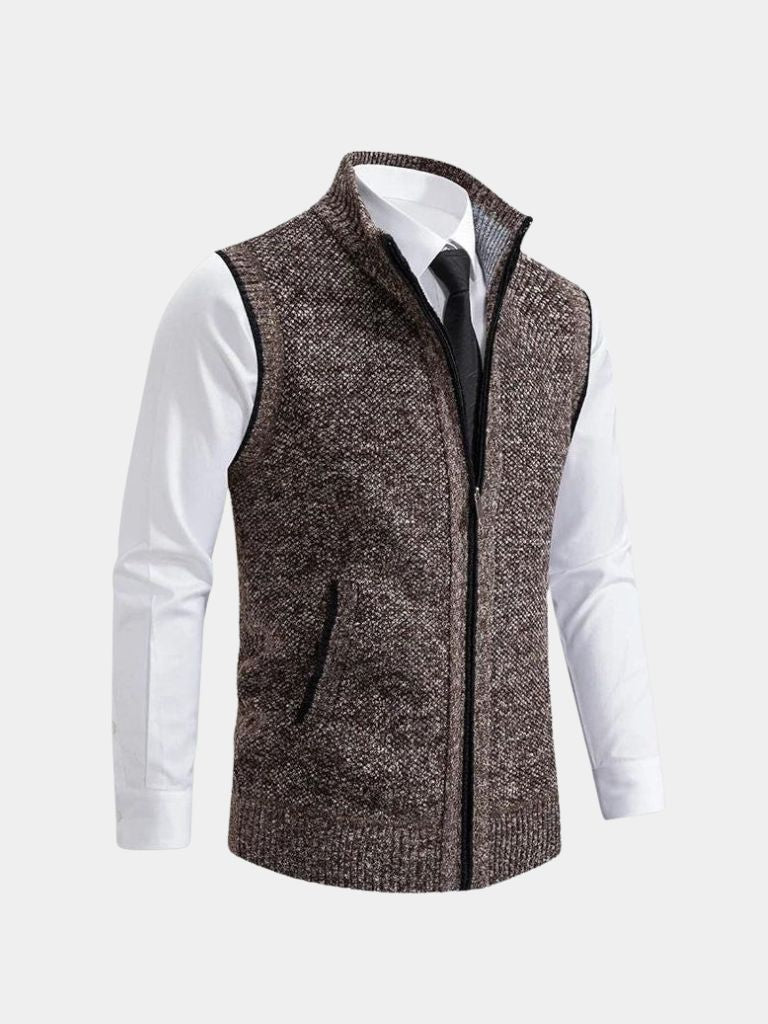 Men's textured knit vest in neutral tone, zip-up high collar sleeveless layering piece