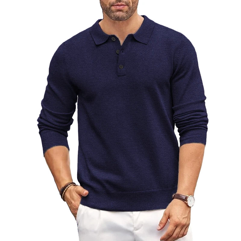 Men's navy regular fit polo collar knit sweater with long sleeves and classic smart casual style