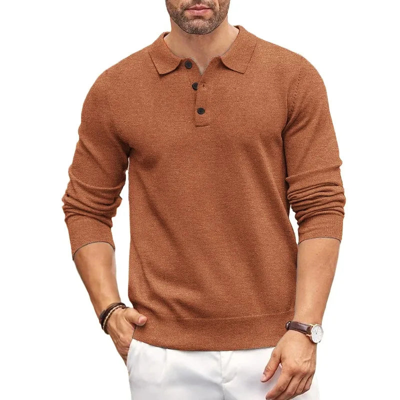Men's navy regular fit polo collar knit sweater with long sleeves and classic smart casual style