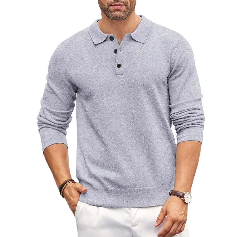 Men's navy regular fit polo collar knit sweater with long sleeves and classic smart casual style