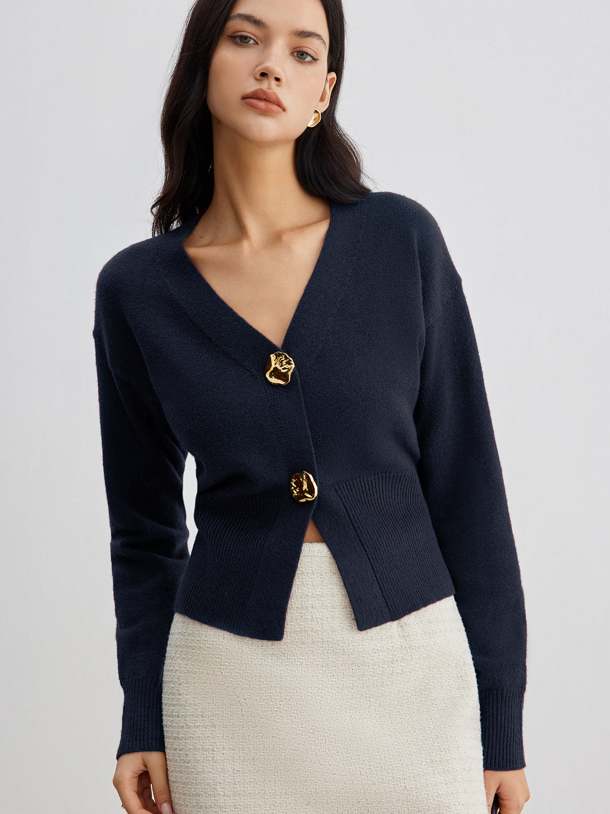Women's short knit cardigan with elegant metal buttons, regular fit, versatile layer for casual or party