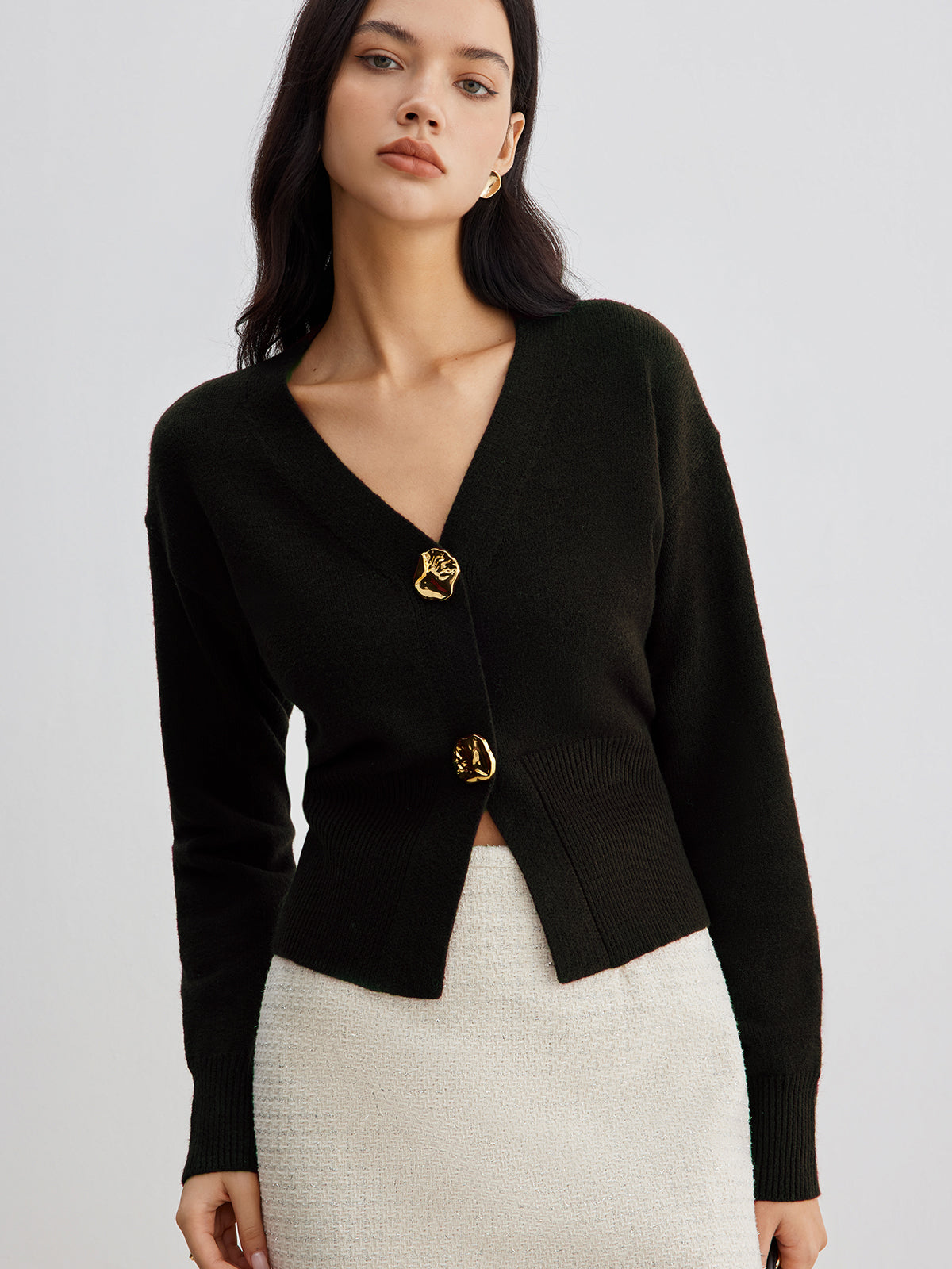 Women's short knit cardigan elegant metal button front regular fit casual party top layer