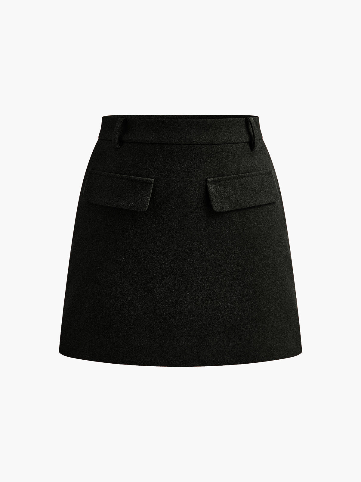 Black tailored mini skirt mid-waist structured polyester woven fabric timeless polished silhouette