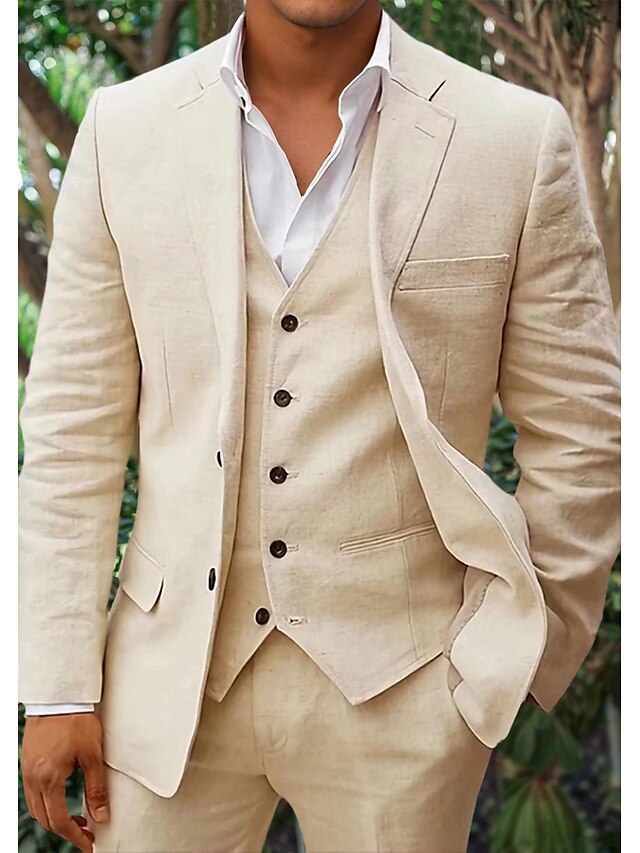 Men's beige three-piece linen suit blazer vest trousers modern tailored formal wedding style