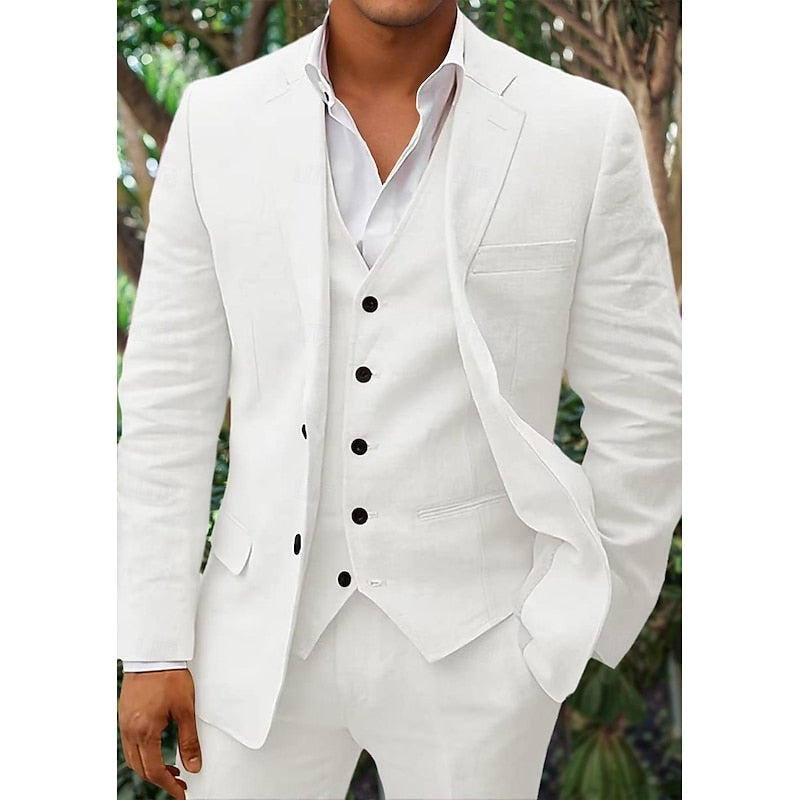 Men's three-piece linen suit blazer vest trousers modern tailored formal wedding formalwear classic fit