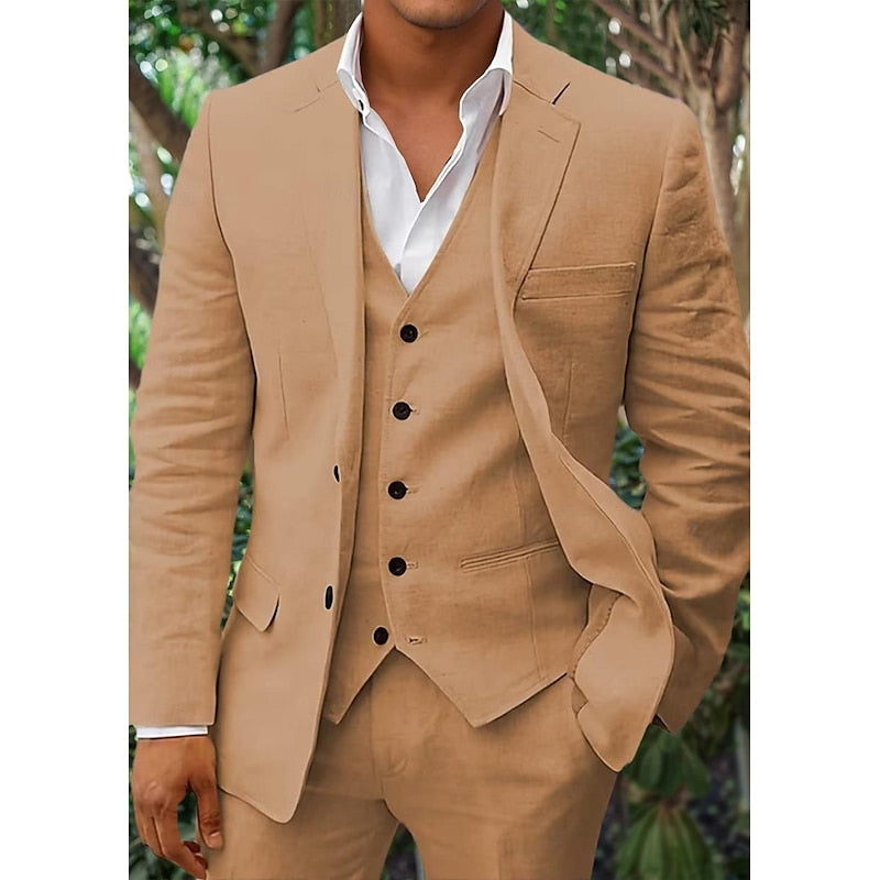 Men's three-piece linen suit blazer vest trousers modern tailored formal wedding formalwear