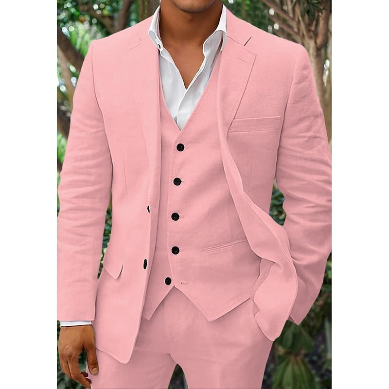 Men's three-piece linen suit blazer vest trousers modern tailored formal wedding formalwear