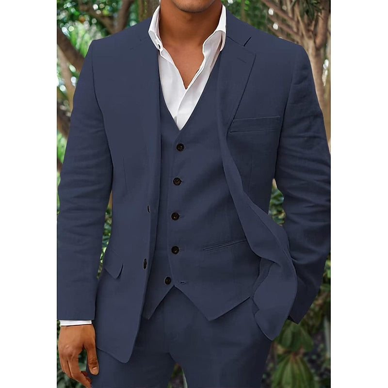 Men's beige three-piece linen suit blazer vest trousers modern tailored formal wedding style