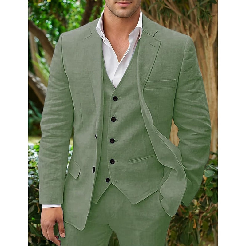 Men's three-piece linen suit blazer vest trousers classic tailored modern formal style