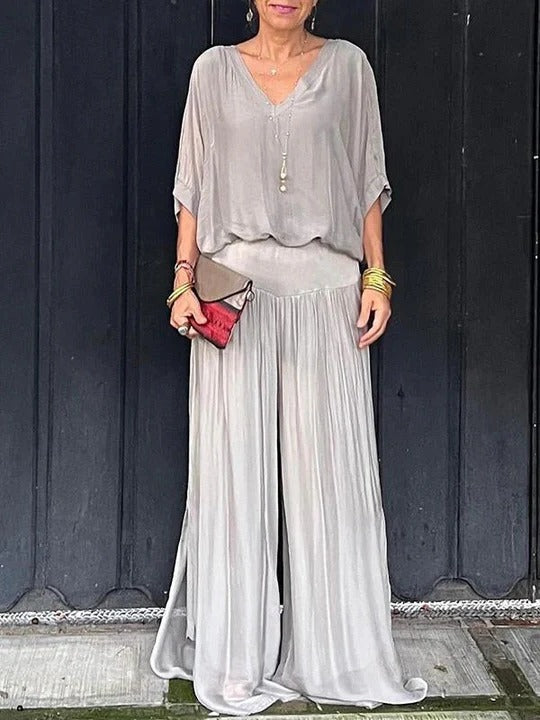 Women's chiffon wide-leg two-piece set in fluid drape silhouette for elegant evening wear