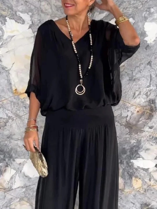Women's chiffon wide-leg two-piece set in fluid drape silhouette for elegant evening wear