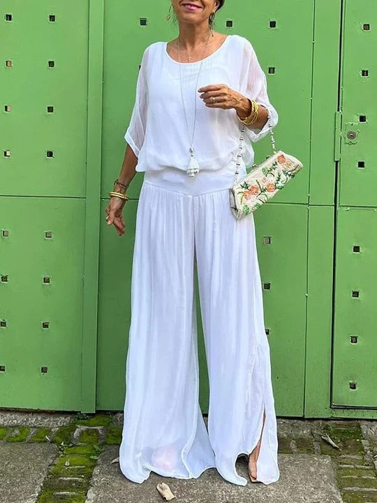 Women's chiffon wide-leg two-piece set in fluid drape style with coordinated top for evening wear