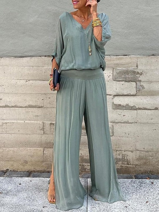 Women's chiffon wide-leg two-piece set in fluid drape style with lightweight breathable evening elegance