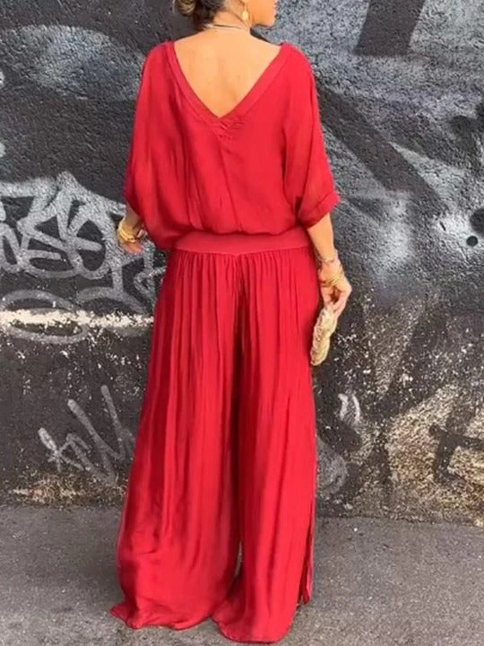 Women's chiffon wide-leg two-piece set in fluid drape silhouette for elegant evening wear