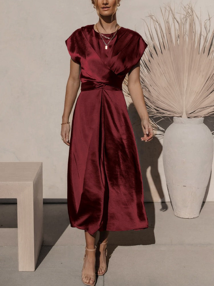 Elegant midi evening dress women black layered sleeves diagonal cut figure-flattering silhouette