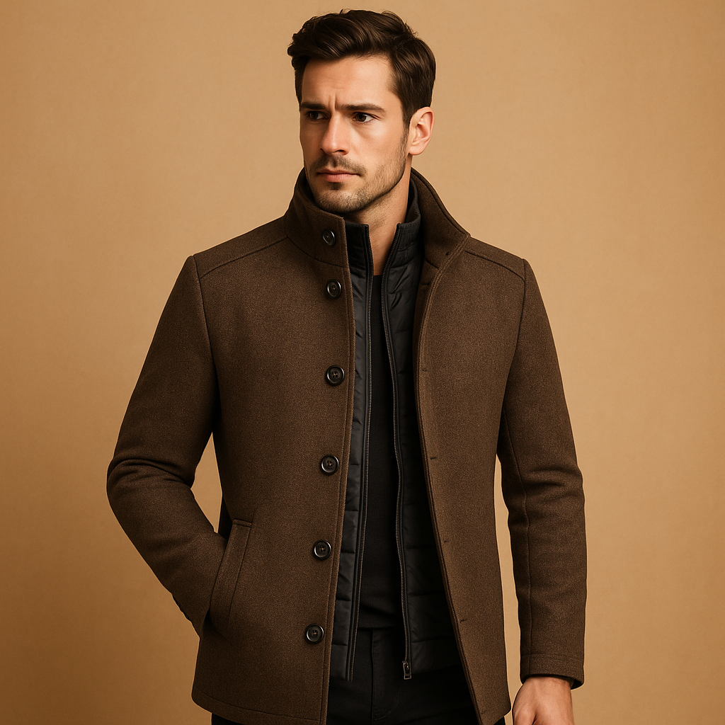 Charcoal unisex winter overcoat with sharp tailored silhouette and warm insulated lining for cold weather