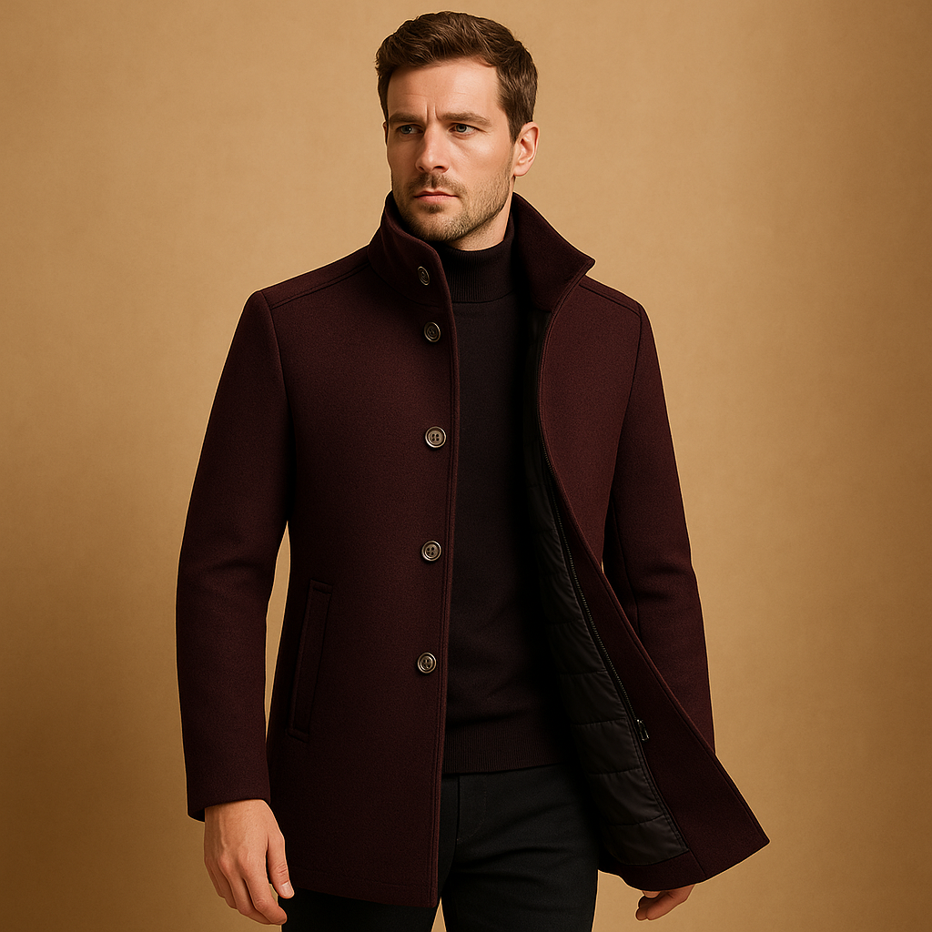 Charcoal unisex winter overcoat sharp tailored silhouette with warm insulated lining timeless style