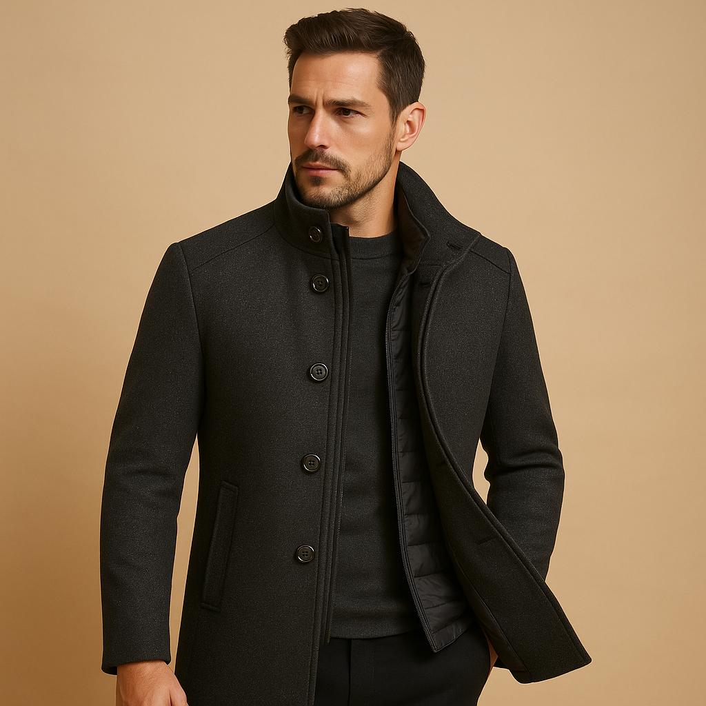 Unisex black winter overcoat, sharp tailored silhouette with warm insulated lining for cold weather