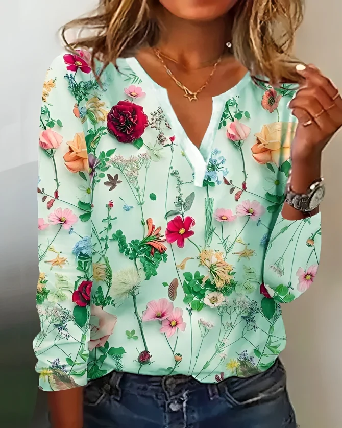 Women's Elena floral print V-neckline blouse, breathable everyday elegant top with timeless pattern